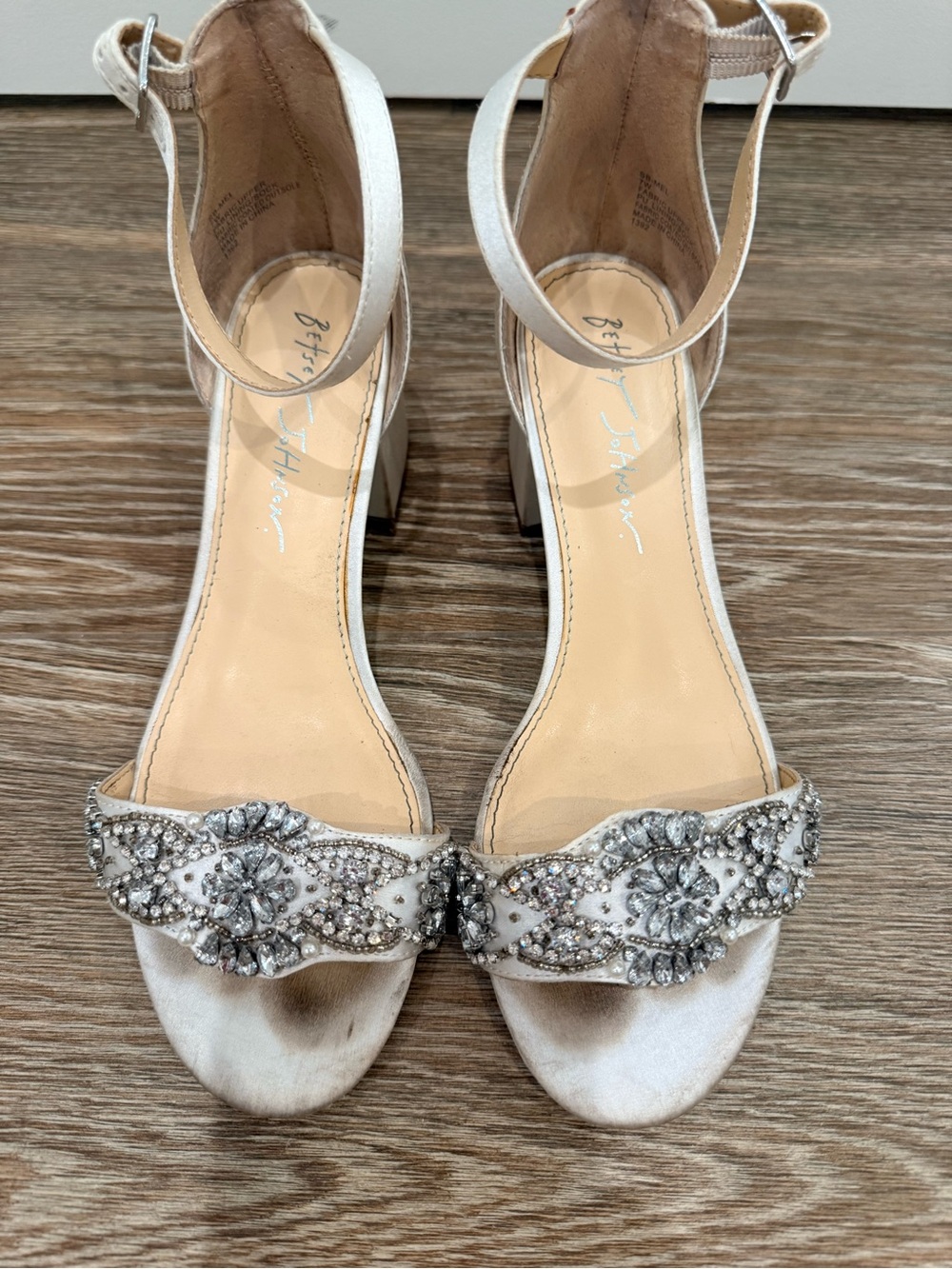 Betsey Johnson Silver-Embellished White Satin Block Heel Sandals